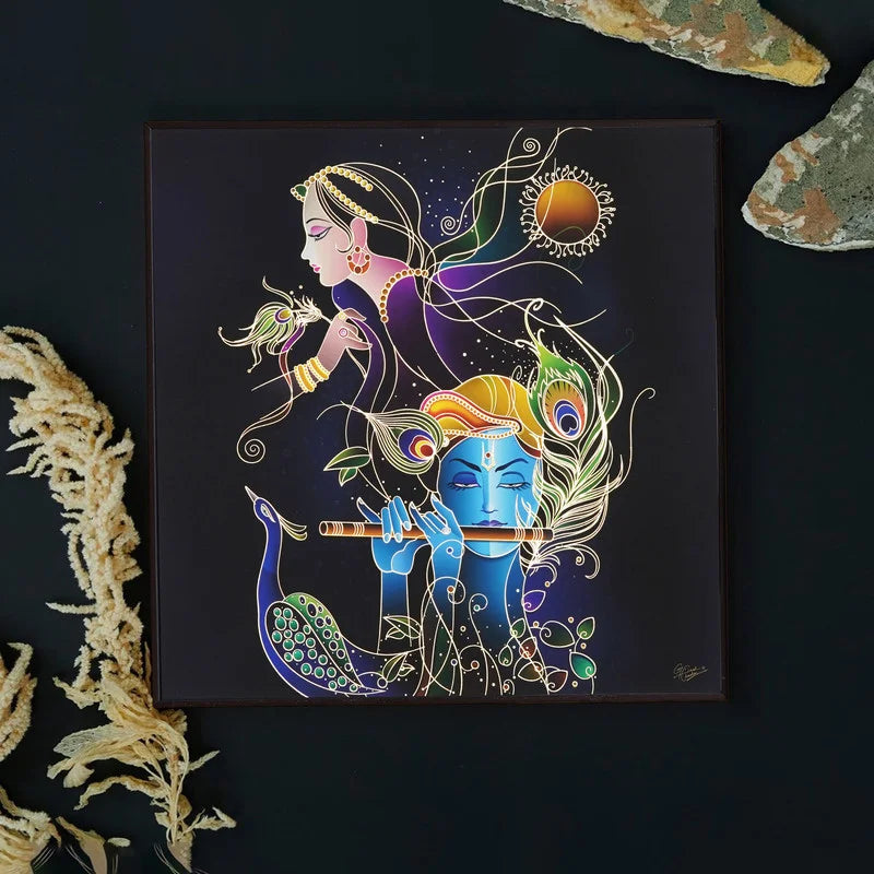 Radhe Krishna Golden Embossed Wall Painting For Home