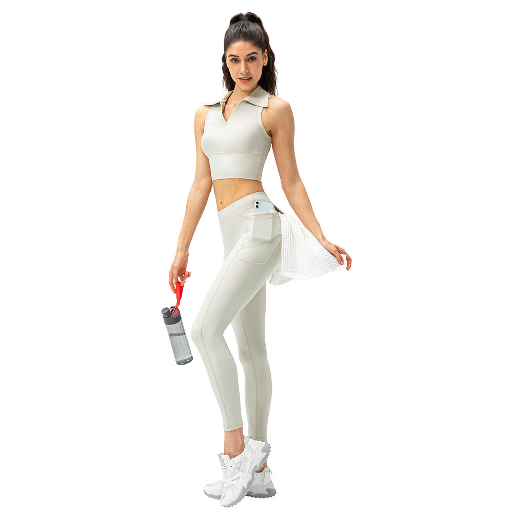 Women's Nude Yoga Suit High Waist Lapel Vest Two-Piece Suit