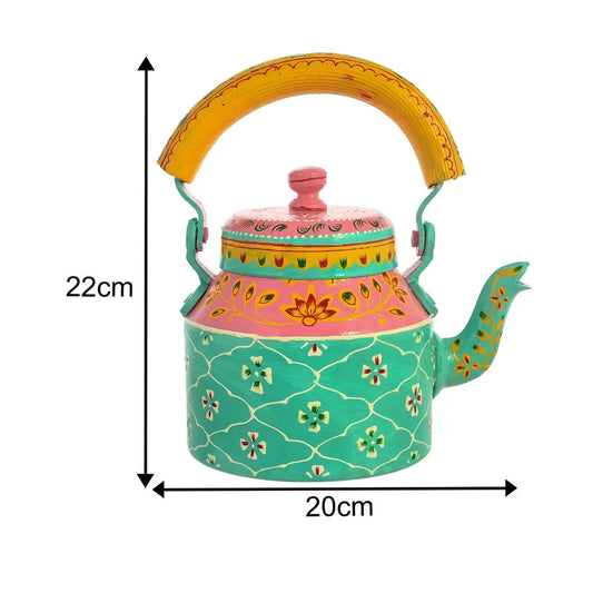 Hand Painted Alluminium Tea Kettle with 6 Glasses and Wooden Tray For Home Décor