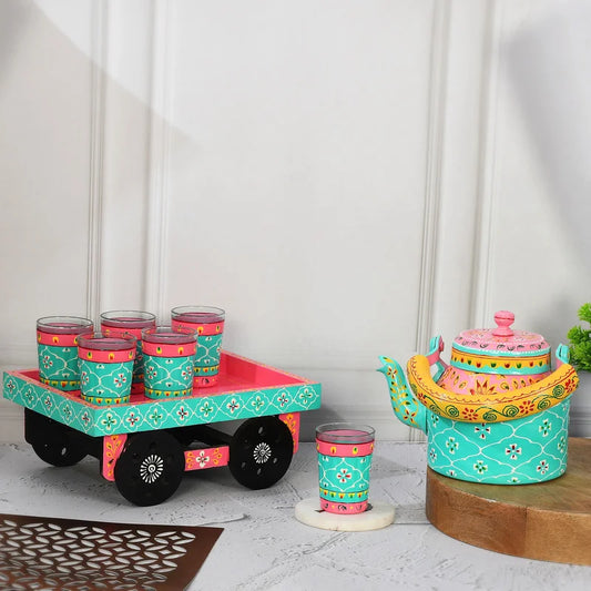Hand Painted Alluminium Tea Kettle with 6 Glasses and Wooden Tray For Home Décor