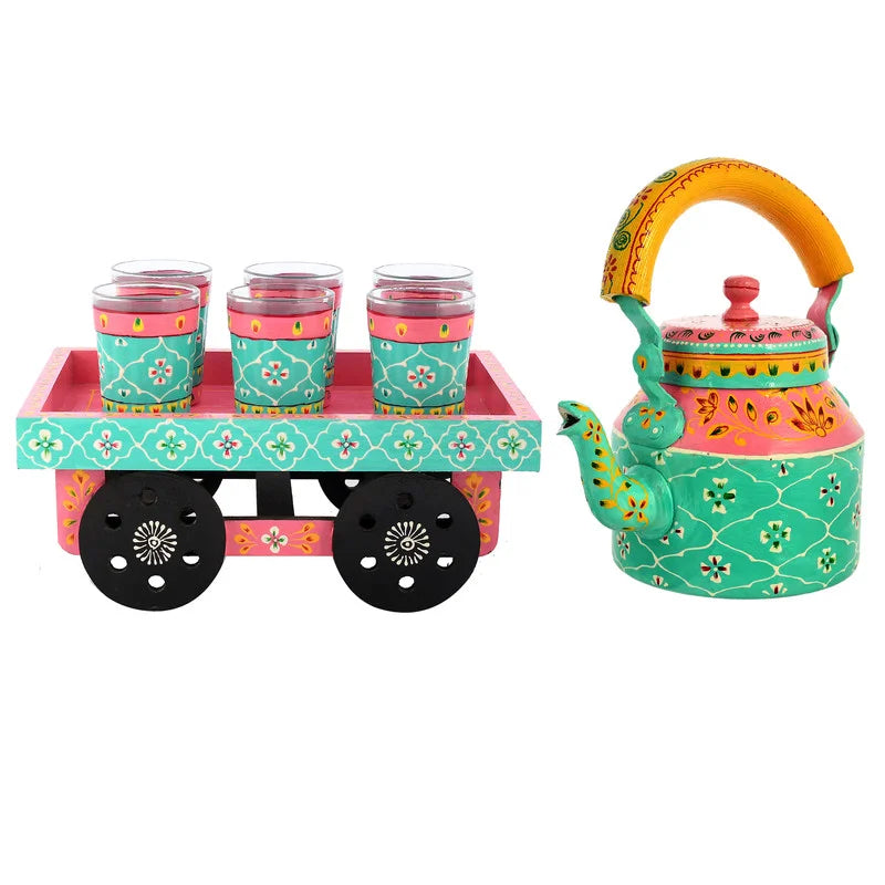 Hand Painted Alluminium Tea Kettle with 6 Glasses and Wooden Tray For Home Décor
