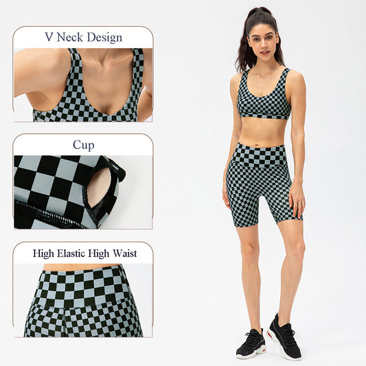 Women Short Checkerboard 2 Piece Workout Running Yoga Set