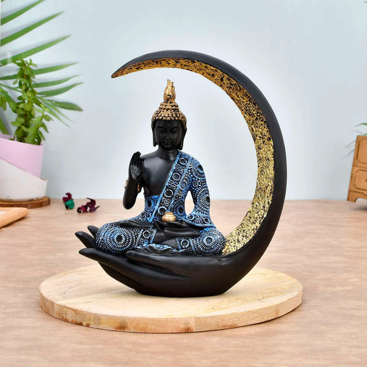 Large Antique Meditating Buddha Statue with Moon Design