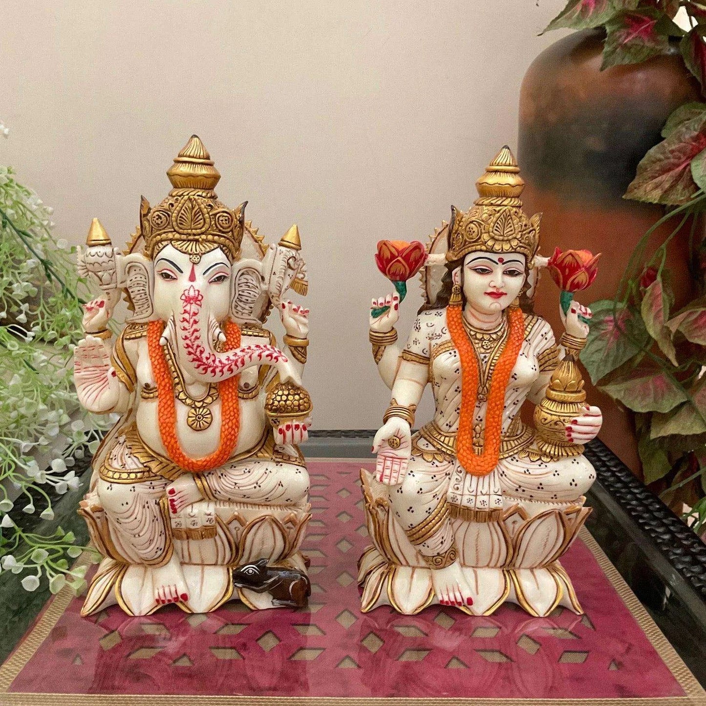 Marble Handmade Lord Ganesha and Laxmi