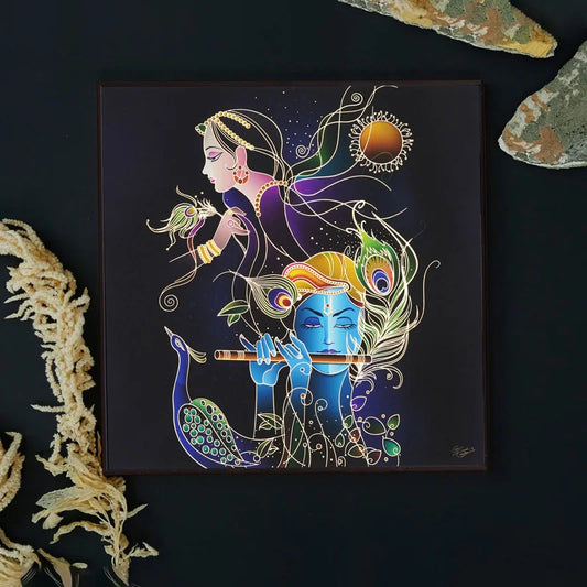 Radhe Krishna Golden Embossed Wall Painting For Home