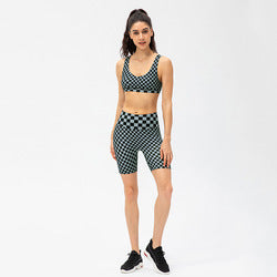 Women Short Checkerboard 2 Piece Workout Running Yoga Set