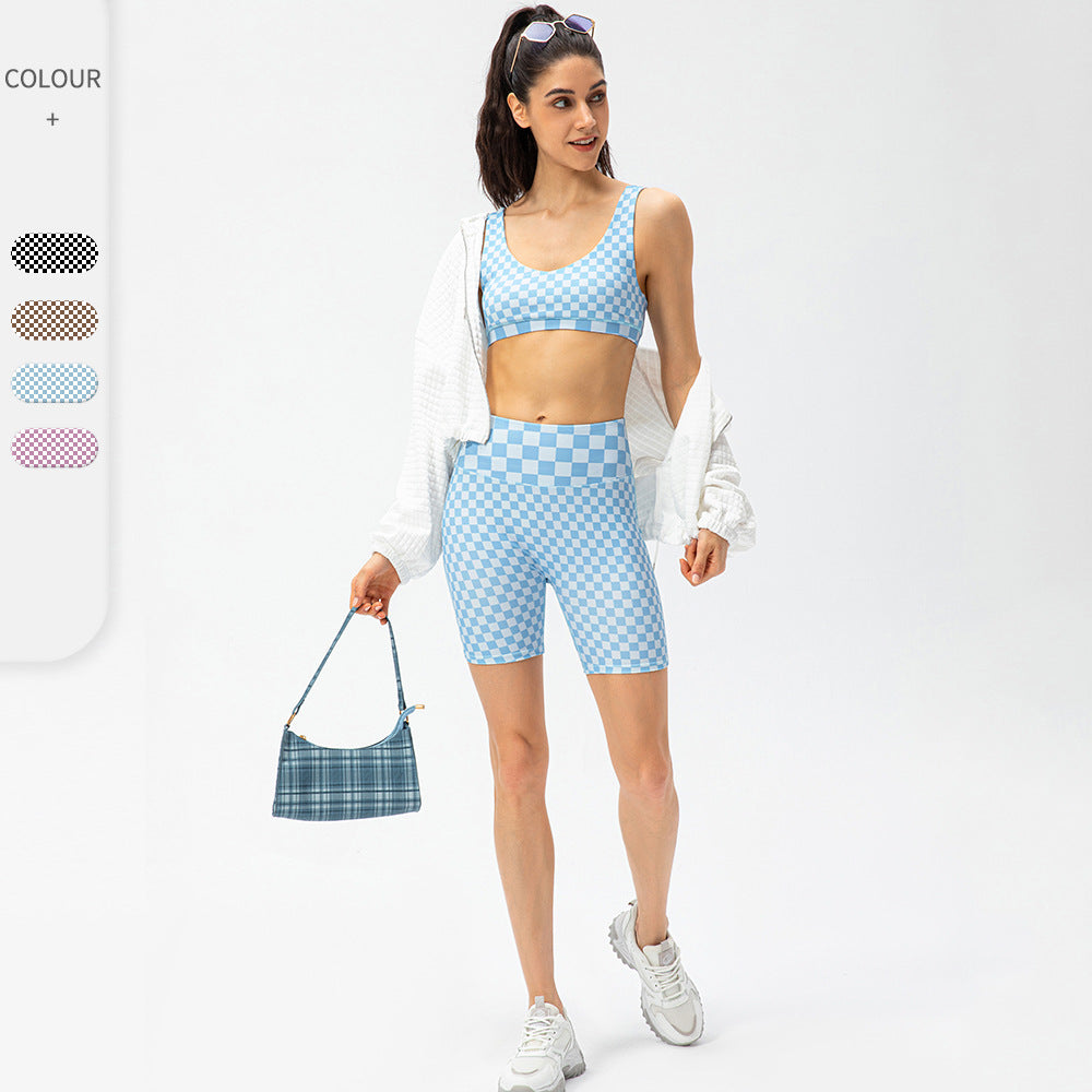 Women Short Checkerboard 2 Piece Workout Running Yoga Set