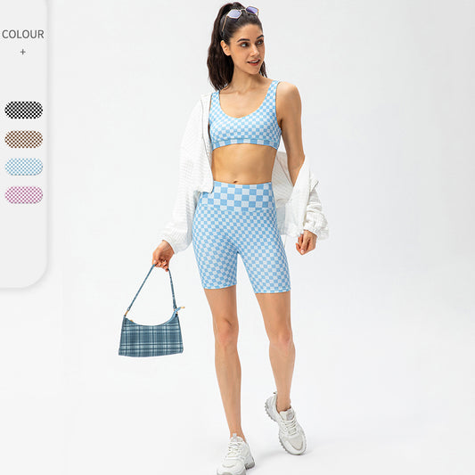 Women Short Checkerboard 2 Piece Workout Running Yoga Set