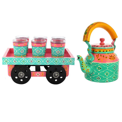 Hand Painted Alluminium Tea Kettle with 6 Glasses and Wooden Tray For Home Décor
