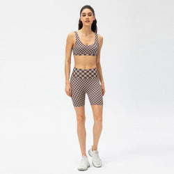Women Short Checkerboard 2 Piece Workout Running Yoga Set