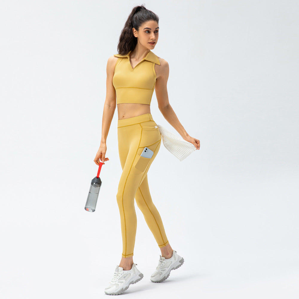 Women's Nude Yoga Suit High Waist Lapel Vest Two-Piece Suit