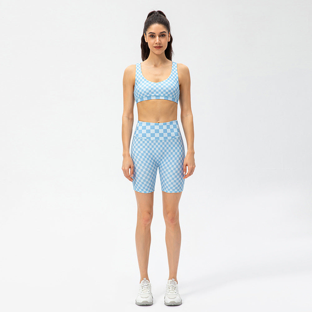 Women Short Checkerboard 2 Piece Workout Running Yoga Set