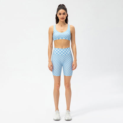 Women Short Checkerboard 2 Piece Workout Running Yoga Set