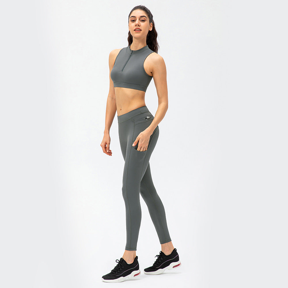 Zip Front Longline Sports Bras Fitness Yoga Workout Suit