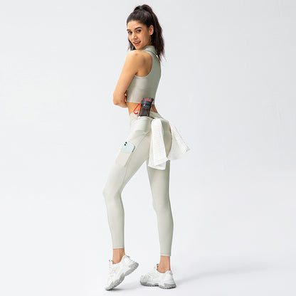 Women's Nude Yoga Suit High Waist Lapel Vest Two-Piece Suit