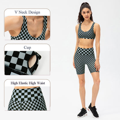Women Short Checkerboard 2 Piece Workout Running Yoga Set