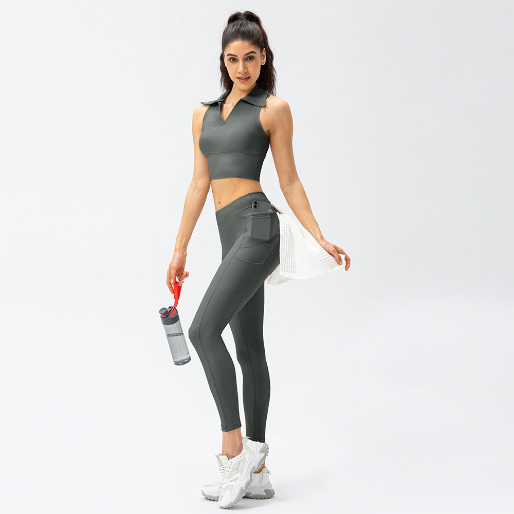 Women's Nude Yoga Suit High Waist Lapel Vest Two-Piece Suit