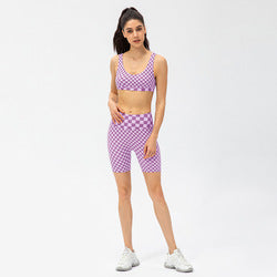Women Short Checkerboard 2 Piece Workout Running Yoga Set