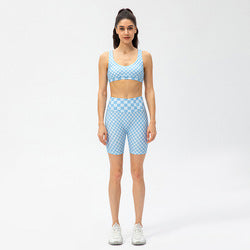 Women Short Checkerboard 2 Piece Workout Running Yoga Set