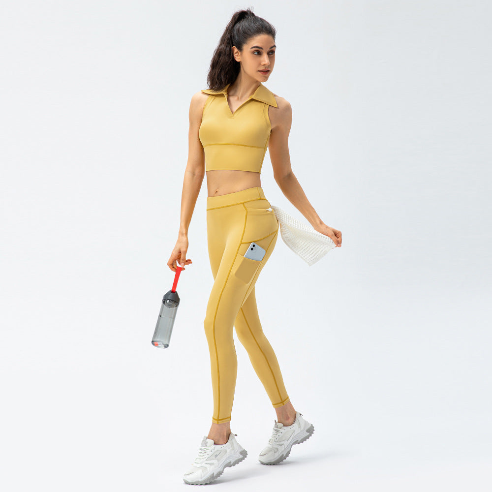 Women's Nude Yoga Suit High Waist Lapel Vest Two-Piece Suit