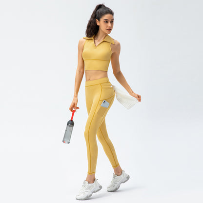 Women's Nude Yoga Suit High Waist Lapel Vest Two-Piece Suit