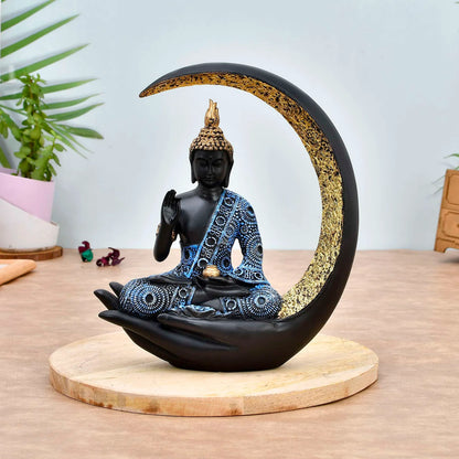 Large Antique Meditating Buddha Statue with Moon Design